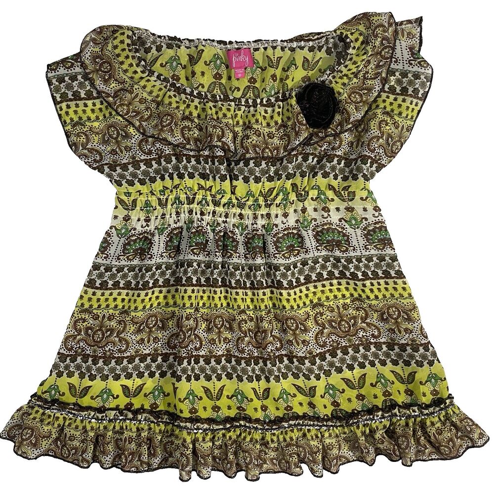 Y2K Pinky Kids Sheer Sequin Floral Boho Blouse Brown Fairycore Size 10